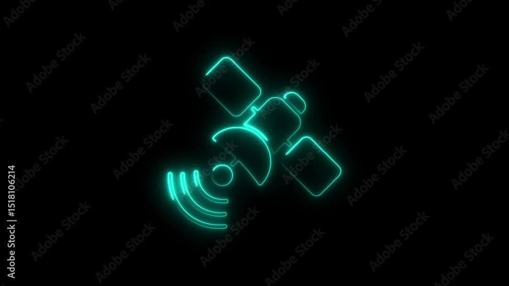 Aufkleber neon satellite icon transmitting data signals on a black background animation