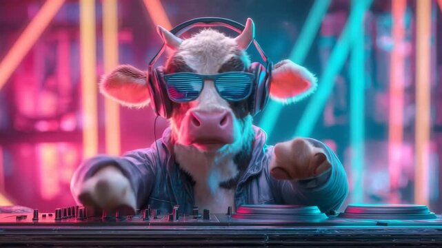 DJ Cow Spinning Beats in Neon Nightclub

