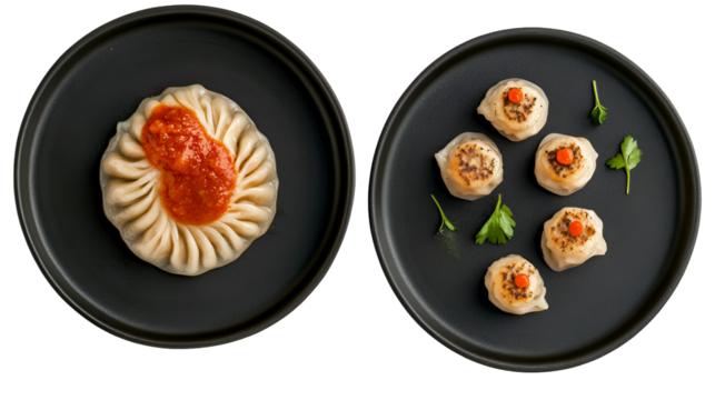 Chicken steam momo. Nepalese Traditional dish Momo stuffed with chicken and then cooked and served with sauce over a rustic wooden background, selective focus