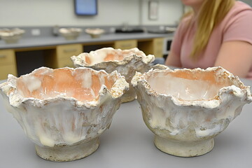 Unique ceramic bowls on display during an art workshop in a bright, modern studio filled with creative energy