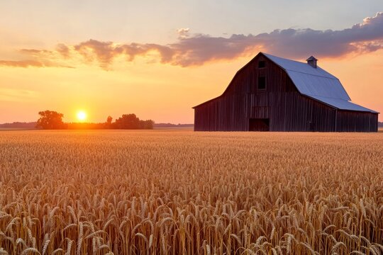 Golden sunset illuminating wheat field and barn in rural landscape