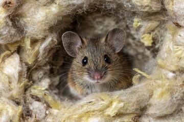 Mouse in mineral wool thermal insulation in the attic, rodents causing damage to the house