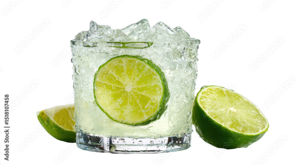 Poster chilled gin gimlet served in a glass with ice, lime wedge inside, and a half lime beside it, all on 