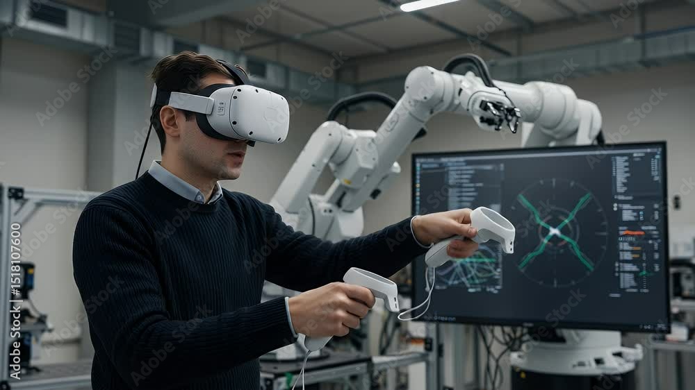Poster vr training with industrial robots. a young man uses virtual reality headsets and controllers to int