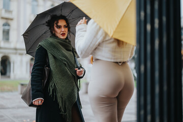 Two women holding umbrellas converse on a rainy city day, highlighting fashion and interaction.