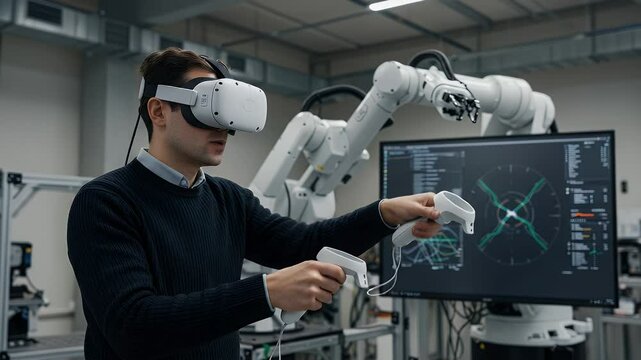 VR training with industrial robots.  A young man uses virtual reality headsets and controllers to interact with robotic arms in a modern industrial setting