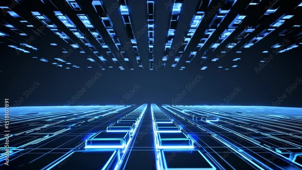 Poster glowing blue digital information flows through cyberspace in a futuristic technological network