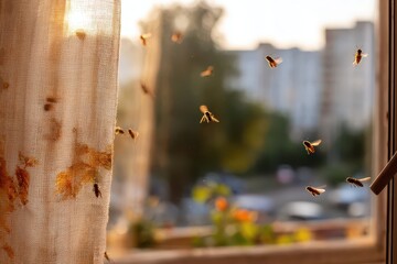 Insects and bugs in the apartment window fly into the interior through the open window