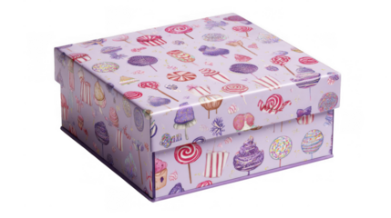 Whimsical all over print of colorful lollipops, candies, and sprinkles decorating a closed lavender gift box, creating a delightful presentation for sweet treats