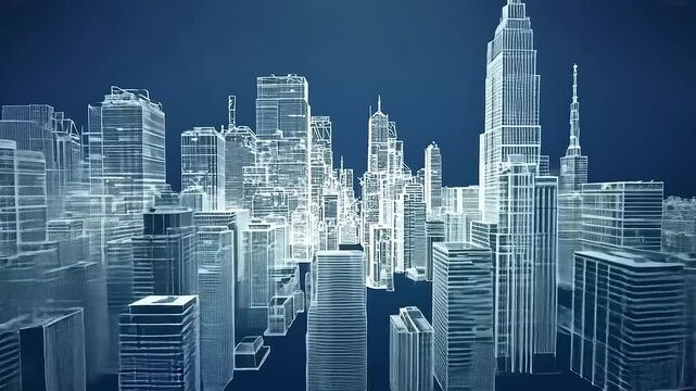 Futuristic city skyline in blue tones showcasing transparent buildings and iconic structures