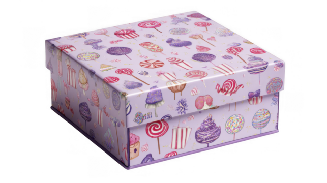 Whimsical all over print of colorful lollipops, candies, and sprinkles decorating a closed lavender gift box, creating a delightful presentation for sweet treats