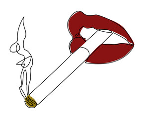 Minimalist line art illustration of red lips smoking burning with smoke. Ideal for fashion, lifestyle posters, anti-smoking campaigns, pop art themes or creative editorial projects.