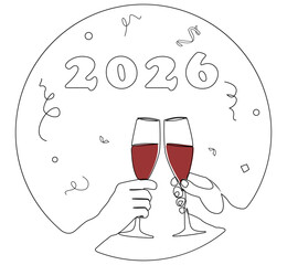 Minimalist one line illustration of two hands conferring over a wine glass to celebrate the New Year 2026, with festive confetti in the background