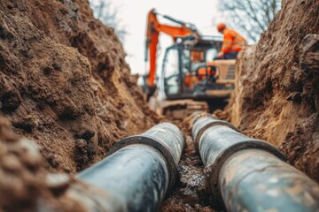 New water or sewage pipes in a trench during construction work