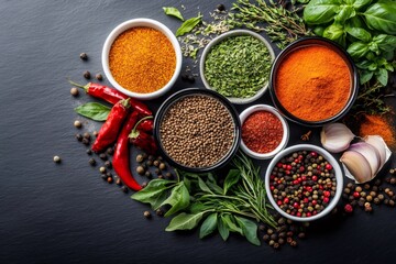 Colorful spices and herbs creating a frame on dark background