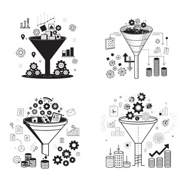 Four unique sales funnel illustrations showcasing various business processes
