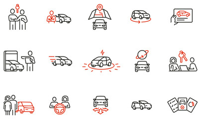 Vector Set of Linear Icons for use Car Rental Websites, Apps, Infographics Car-sharing Platforms, Auto Services and Print Materials related to Car Dealerships