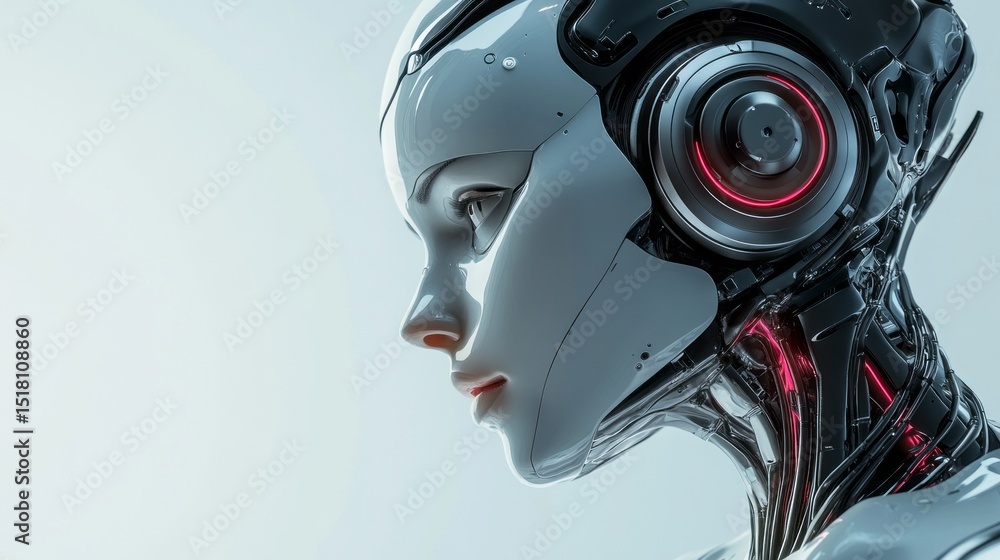 Poster a detailed close-up of a futuristic robot's head, featuring a smooth surface and intricate mechanica