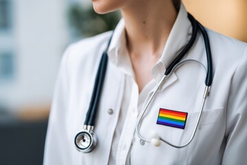 Rainbow LGBTQ+ patch on a doctor's coat, tolerant medical service supports the LGBT community