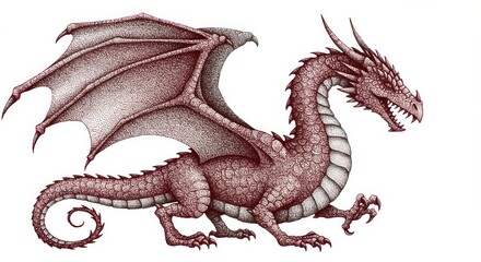 Obraz premium A detailed illustration of a majestic red dragon with large wings and intricate scales, poised in a dynamic stance, showcasing its mythical nature - awesome dragon drawings