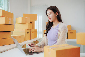 Young entrepreneur working from home and preparing packages for delivery, managing her online store...