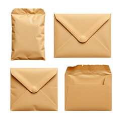 Collection of beige packaging envelopes and bags for shipping, mailing, or storage purposes on a clean background
