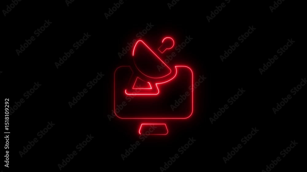 Poster animated red neon sign displaying a satellite dish on a computer screen