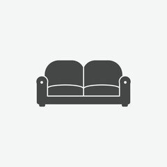 Flat, minimalist icon of a modern two-seat couch in dark gray with smooth curves and padded arms. Ideal for furniture apps, catalogs, or interior design visuals.