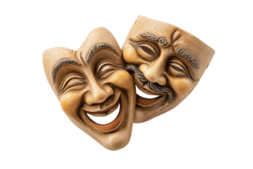 PNG Wooden comedy mask pair with intricate carvings and smiling expressions