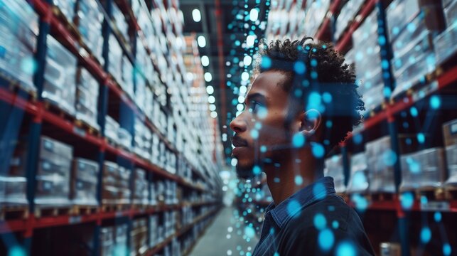 Image of financial data processing over biracial man working in warehouse. Global shipping, finance, business, connections, computing and data processing concept digitally generated image