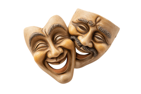 PNG Wooden comedy mask pair with intricate carvings and smiling expressions