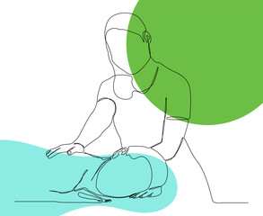 minimalist continuous single line depicting a massage or physical therapy session. touches of green and blue are soothing for health and healing.