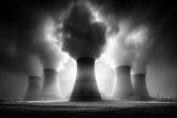 Dramatic shot of a working coal-fired power plant, with a view of the cooling towers producing steam after the turbines have cooled down