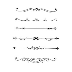 Text dividers doodle set. Wedding decorative elements. Divider ornament, borders, vintage line separators. Hand drawn vector illustration isolated on white background