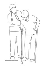 Minimalist single line drawing of a nurse or caregiver helping an elderly patient walk with a cane. healthcare, elderly care, rehabilitation etc.