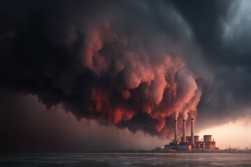 Dramatic shot of a working coal-fired power plant polluting the air with clouds of smoke from burning coal