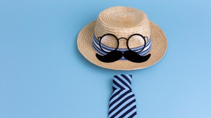 Creative Father's Day Photo. Straw Hat, Black Glasses, Striped Blue Tie, and Mustache on Minimal Blue Background. Perfect for Greeting Cards, Social Media Posts, Celebration Graphics with Copy Space