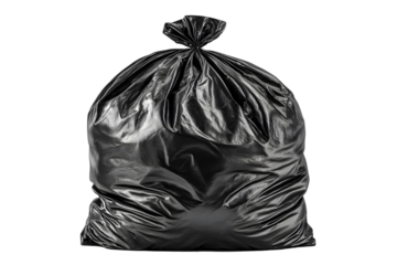 A striking isolated black plastic trash bag against a stark transparent background