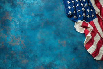 Top view of American flag on dark blue studio background with copy space
