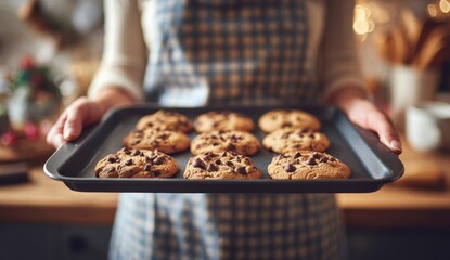 Chocolate chip cookies on baking sheet held