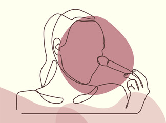 Minimalist single line illustration depicts a woman applying makeup using a makeup brush. Combining soft color elements, elegant, feminine, and modern nuances.