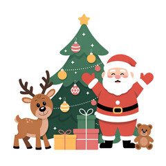 Santa Claus with Reindeer, Presents, Christmas Tree on Transparent Background
