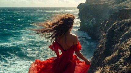 A woman in a red dress standing on a cliff by the ocean, wind blowing her hair