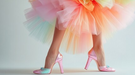 A woman's legs in pink high heels and a voluminous, multi-colored tulle skirt against a light grey background