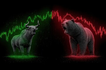 Clash of bear and bull markets in financial markets symbolized by animals, with stock market charts in red and green in the background