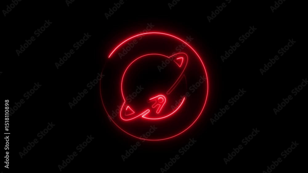 Poster animated red neon rocket icon orbiting a planet within a glowing circle