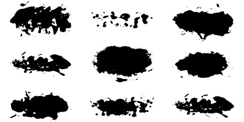 Grunge brush strokes in distressed ink texture and bold rectangle shapes. Monochrome paint splatter elements with rough edge and dry brush effect. Vector illustration.