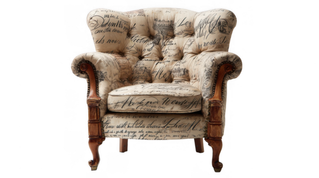 Comfortable vintage armchair featuring a unique handwritten text pattern upholstery and wooden frame, isolated on transparent background, perfect for interior design projects