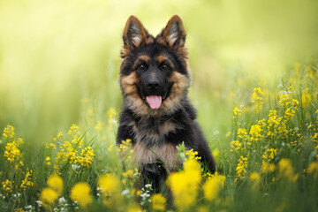 happy german shepherd puppy sitting on a meadow with rapeseed