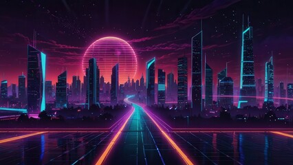 Vaporwave City Skyline with Digital Sun and Glowing Skyscrapers and Highways